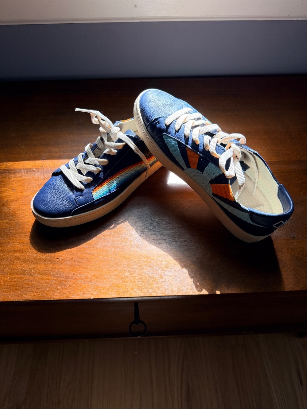 Unisex Navy Blue Low-Top Sneakers with Multicolor Embroidered Accents
